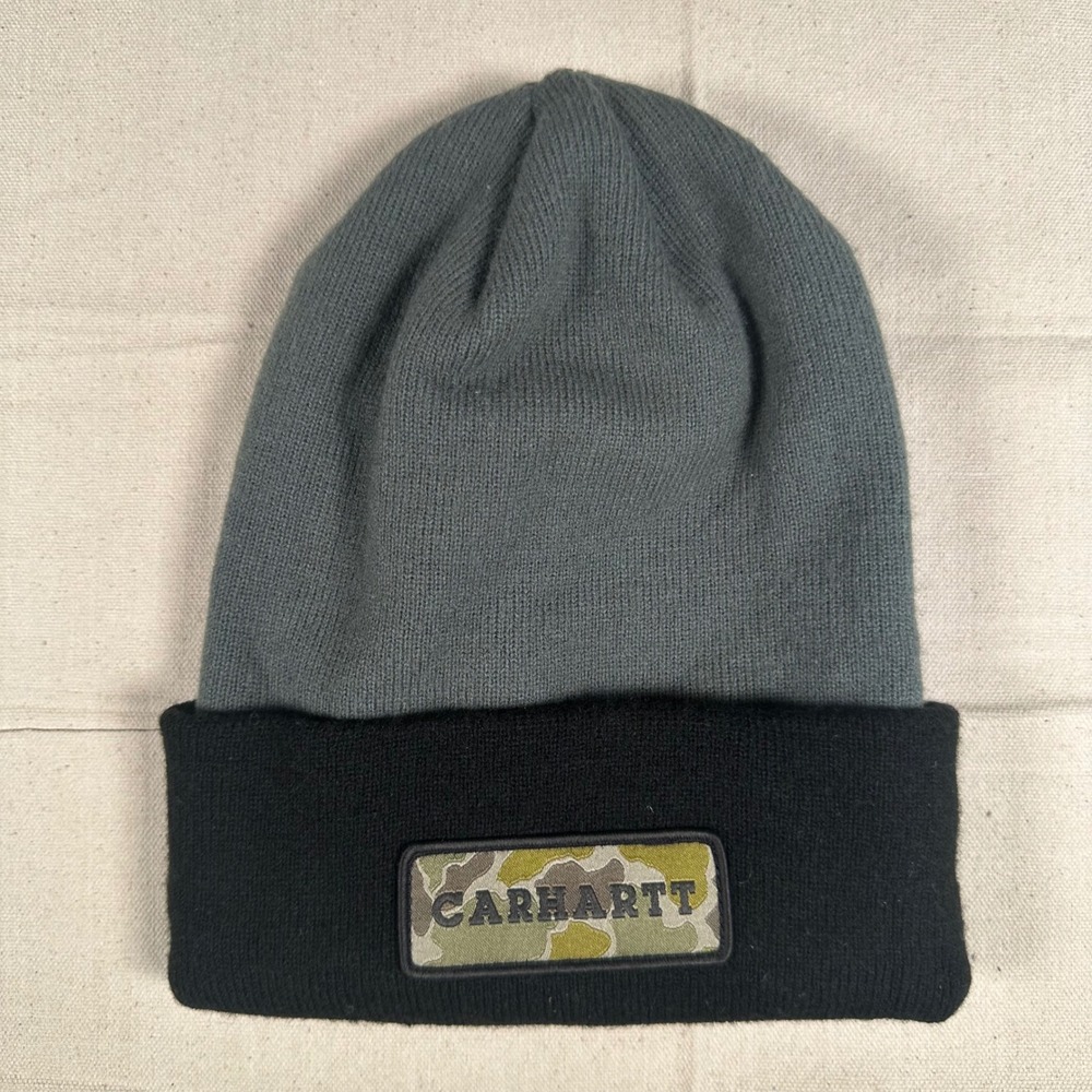 Carhartt Beanie Gray Black Camo Logo Patch Knit Cuffed Winter Cap Mens Womens